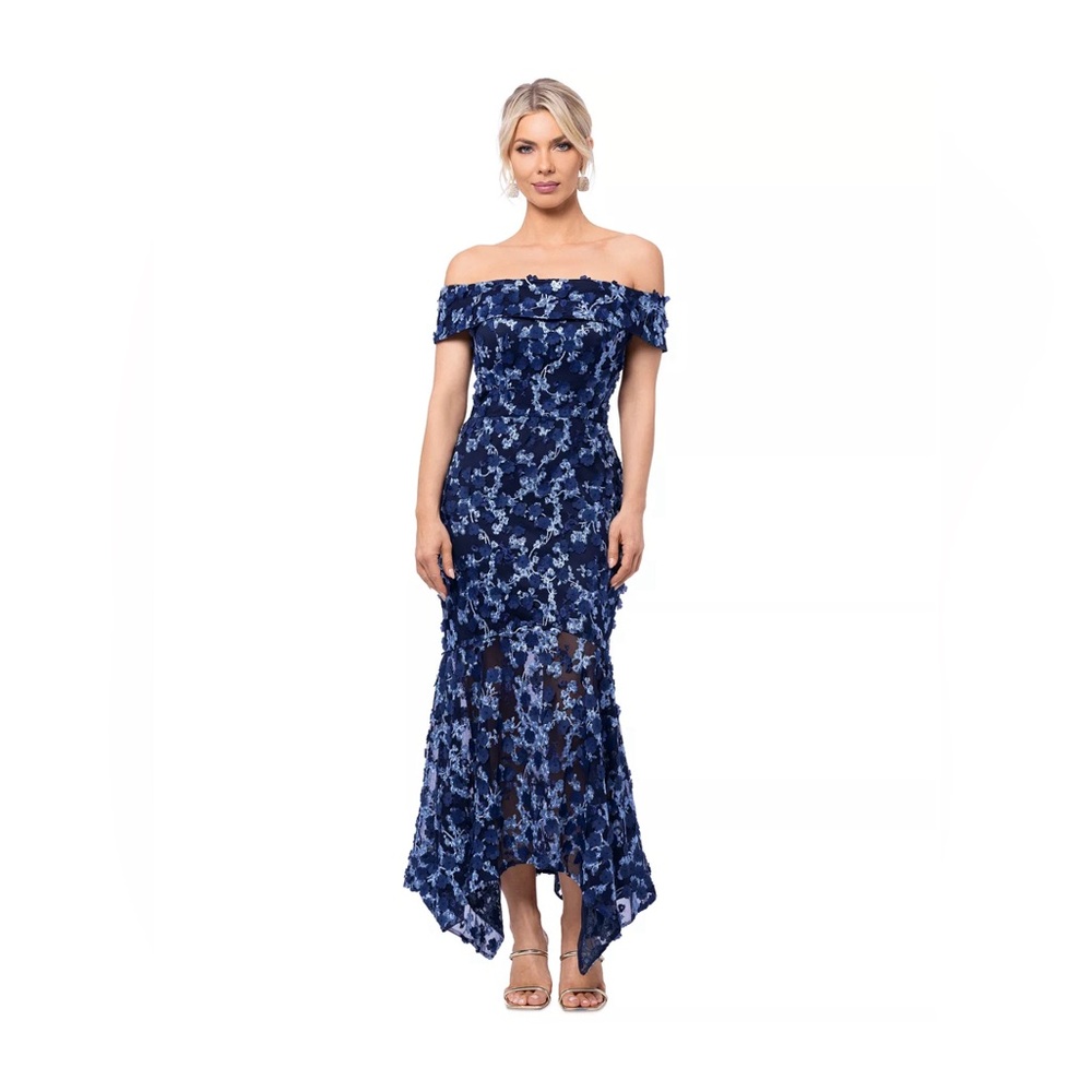 Off shoulder navy floral formal gown